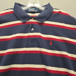 Ralph Lauren Polo Shirt Mens  2XL Blue Red White Striped Cotton Golf Casual Top